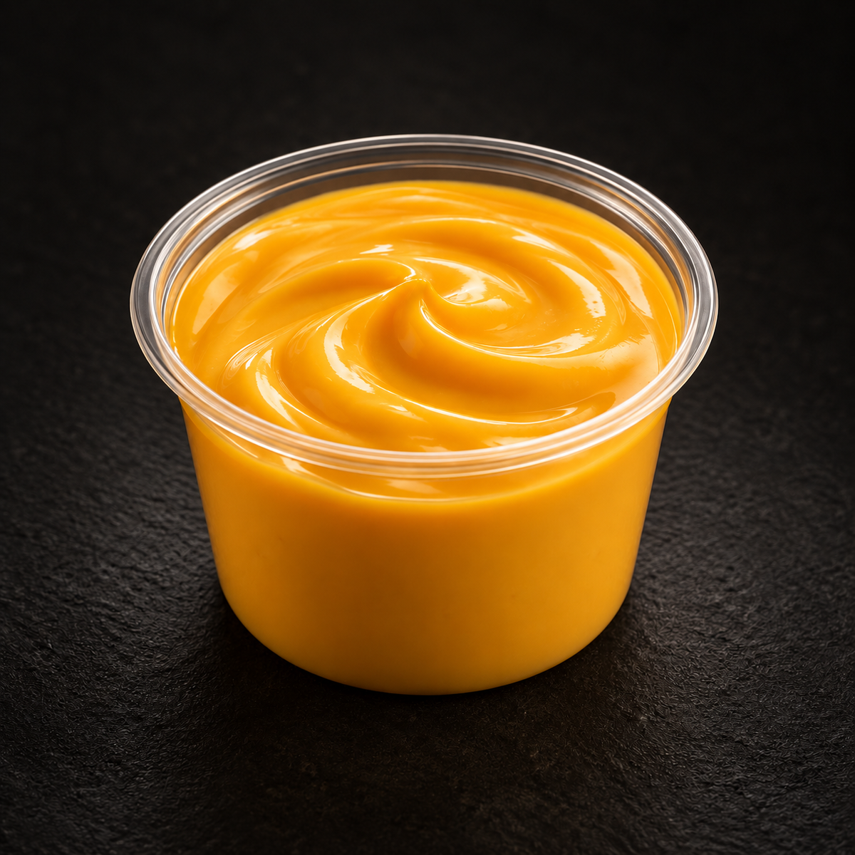 Rich golden cheddar cheese sauce in a deep 4 oz pot on a near-black background – Ben’s Fire & Feast