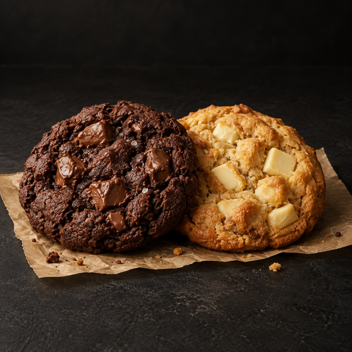 Double-chocolate and white-chocolate cookies on a near-black background – Ben’s Fire & Feast