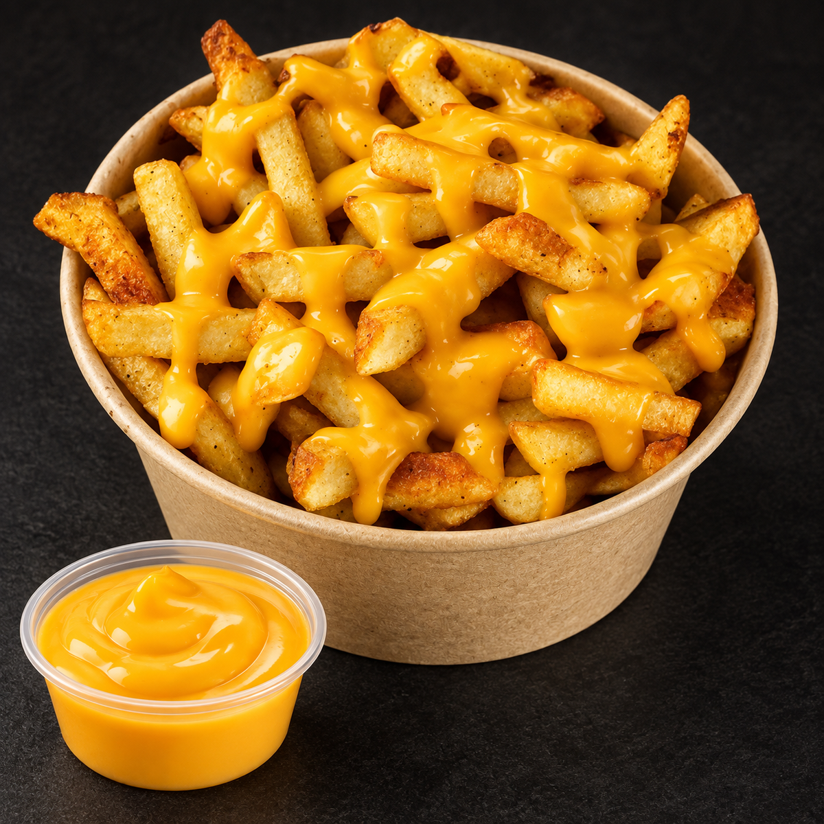 Crispy fries with warm cheddar cheese sauce on a near-black background – Ben’s Fire & Feast