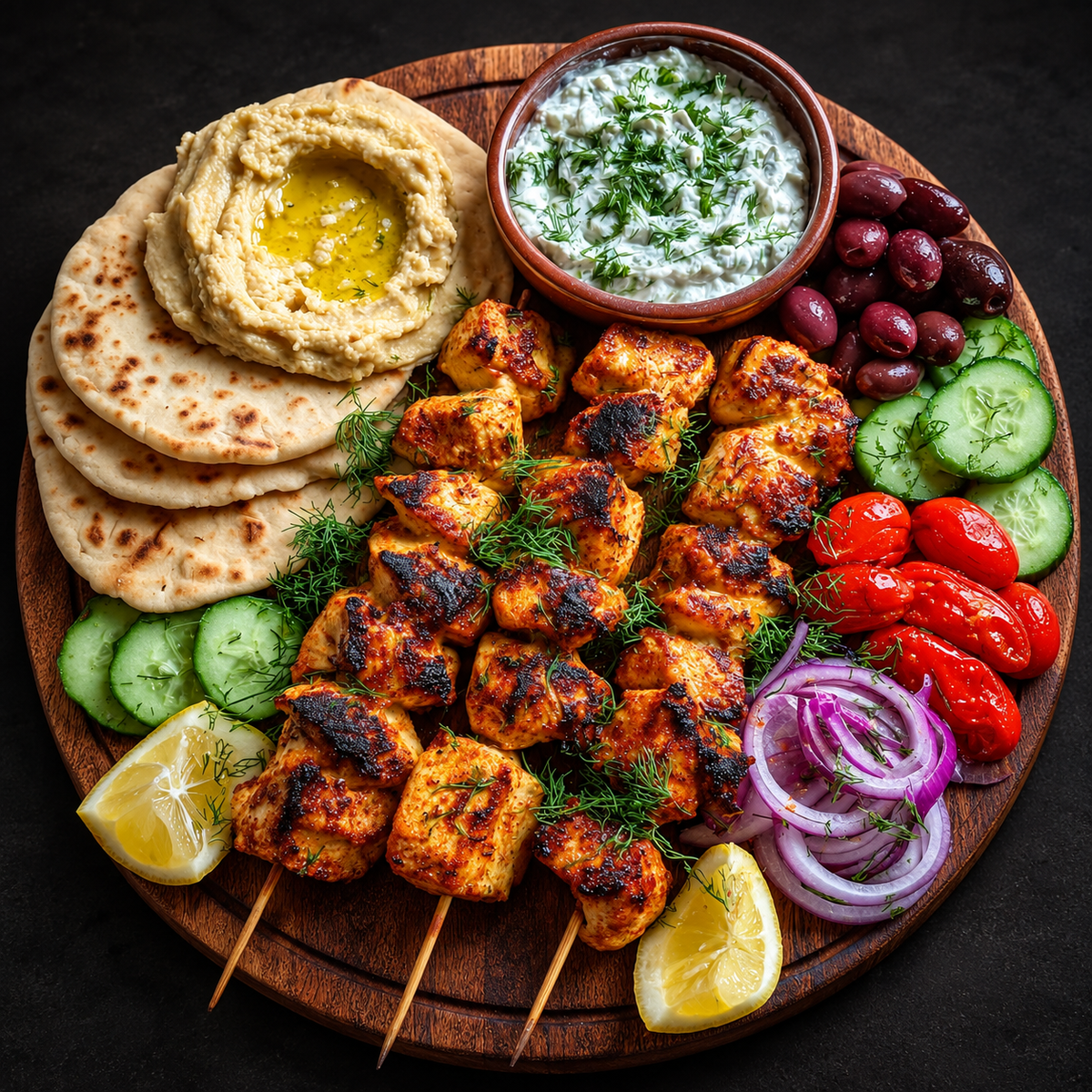 Greek Chicken Skewers Platter on a near-black background – Ben’s Fire & Feast
