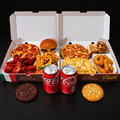 His & Hers Box Meal V2 with two takeaway boxes, two soft drinks and two cookies on a near-black background – Ben’s Fire & Feast