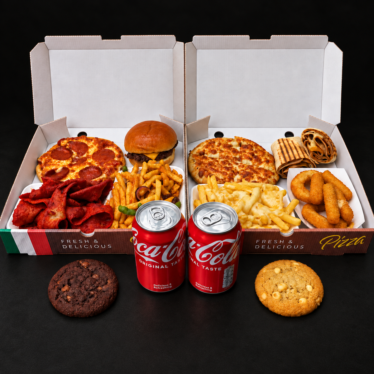 His & Hers Box Meal V2 with two takeaway boxes, two soft drinks and two cookies on a near-black background – Ben’s Fire & Feast
