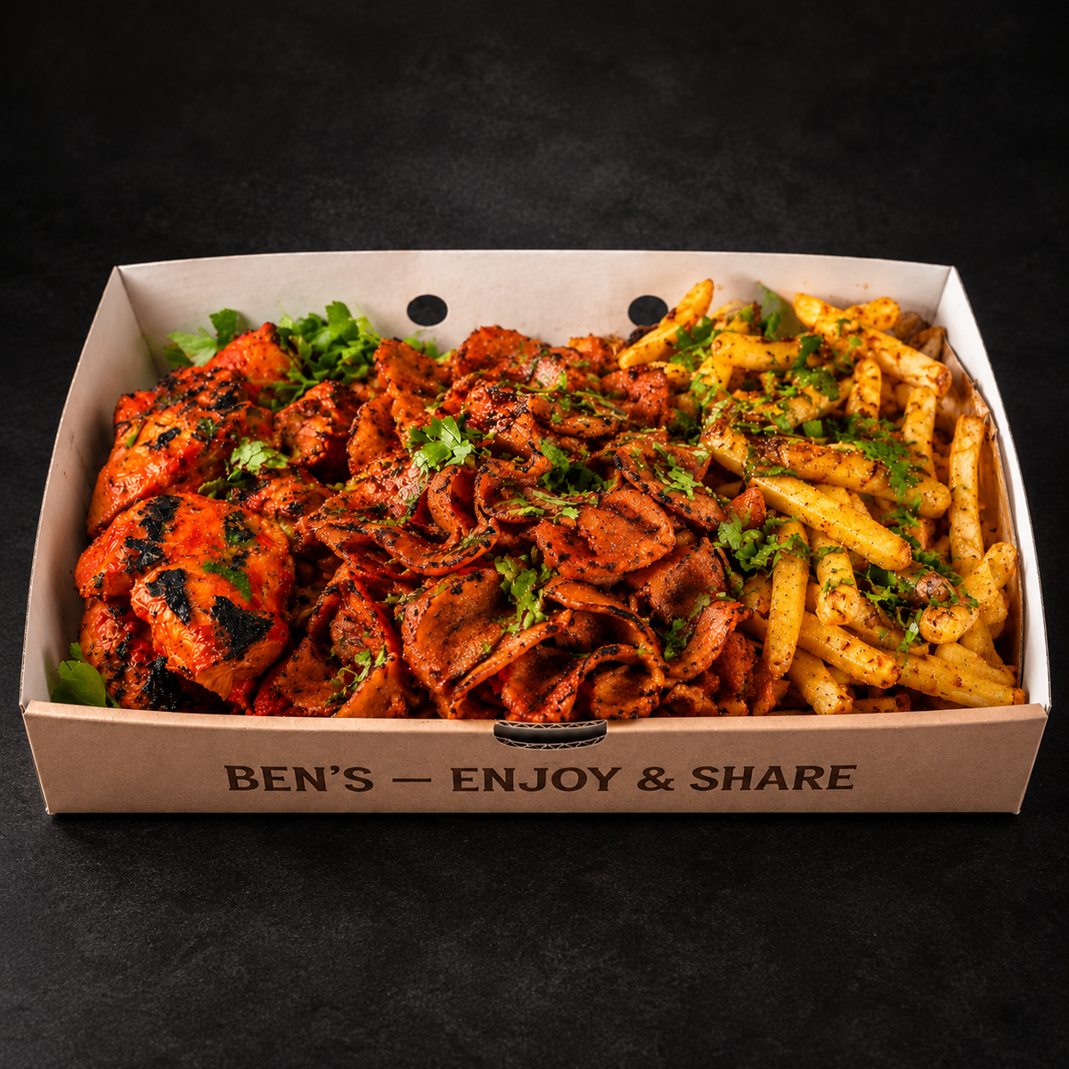 Tikka Doner Fire Box on a near-black background – Ben’s Fire & Feast