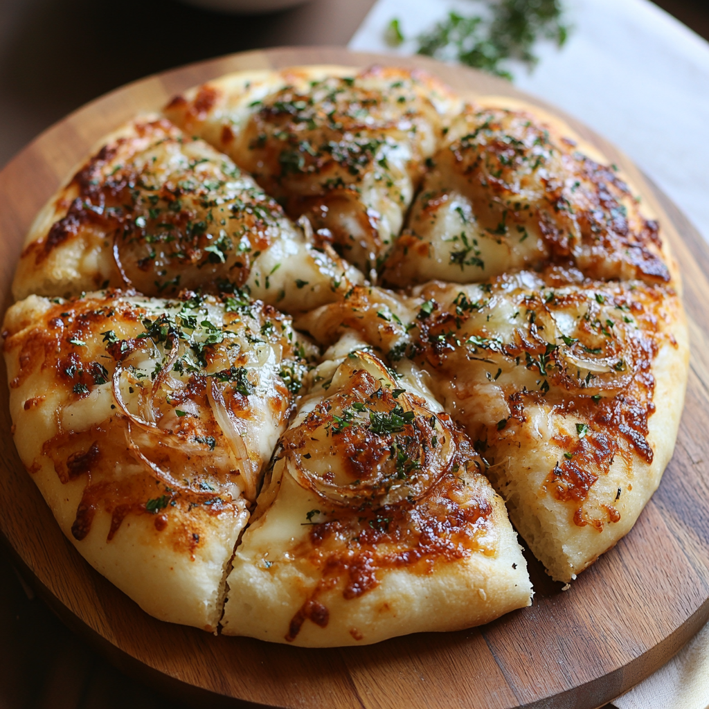 Garlic Bread With Cheese And Caramelised Onions